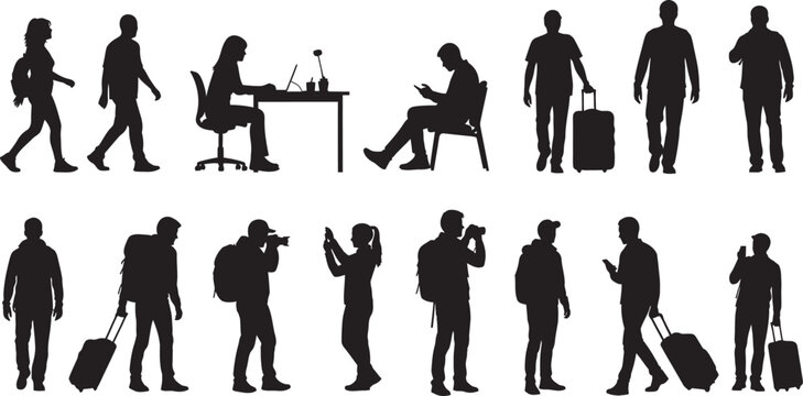 Diverse silhouette collection people walking working traveling and using technology vector illustration