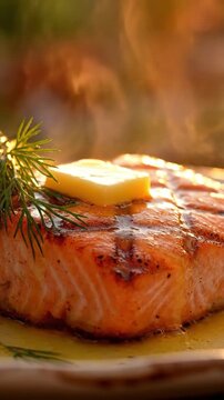 Macro Closeup Of Grilled Salmon Fillet With Distinct Grill Marks Lemon Butter Sauce Glazing Over Surface And Fresh Dill Garnish