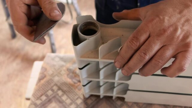 Hands use a sandpaper tool on a plastic item in a workshop. The person is preparing the surface for a project. Focus is on the work being done and the tools in use.