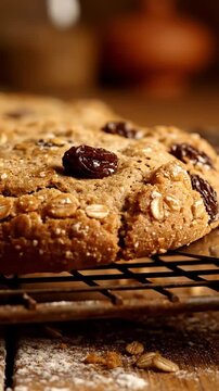 Detailed Close Up Of Chewy Oatmeal Raisin Cookie With Textured Oats Plump Raisin And Golden Edge Ready To Serve