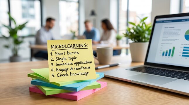 Colorful sticky notes on a desk with a laptop and people in the background explaining microlearning concept