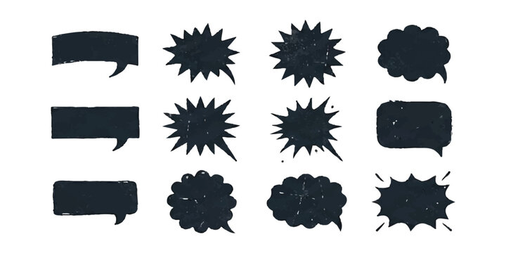 Set of black comic book speech bubbles and explosion shapes