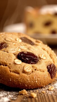 Macro Shot Of A Chewy Oatmeal Raisin Cookie With Textured Oats Plump Raisin And Golden Edge Ready To Serve