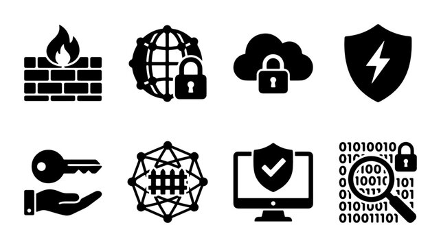 Cybersecurity Icons Set: Firewall, Network Security, Cloud Protection, Shield, Key, Encryption, Computer Safety, Data Analysis