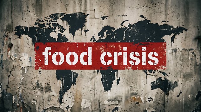 Conceptual food crisis text over world map illustration on textured wall background with social issue starvation emergency malnutrition humanitarian awareness