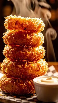 Macro Shot Of A Tower Of Onion Rings With Crispy Golden Batter Steam Rising And Dipping Sauce