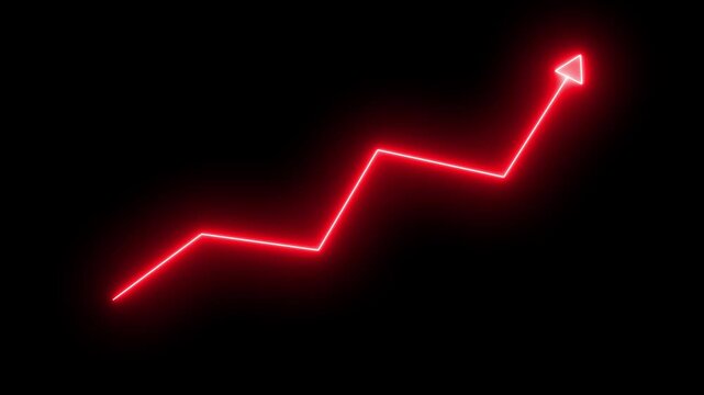 Glowing neon line market Recovery Concept. Successful growth trend red line graph going Up. Abstract neon line arrow business graph, Neon business growth arrow animation. abstract business down to up 