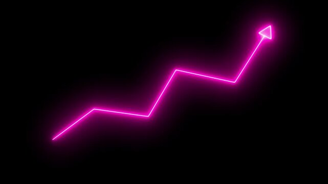 Glowing neon line market Recovery Concept. Successful growth trend red line graph going Up. Abstract neon line arrow business graph, Neon business growth arrow animation. abstract business down to up 