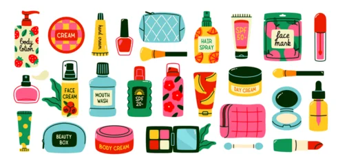 Beauty products set. Stickers with bottles, tubes and jars of decorative and care cosmetics for hair and skin. Cleansing and moisturizing. Flat vector illustration isolated on background © 100% HAND-CRAFTED