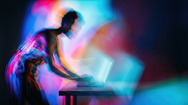 Night work on A laptop with vibrant neon light streaks