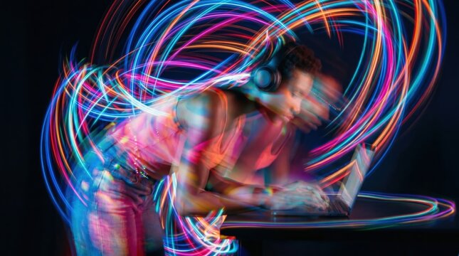 Digital artist creating neon light art at night in studio