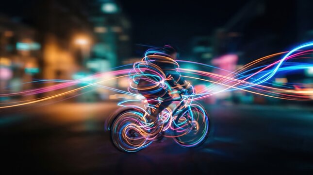 Nighttime city cyclist riding fast with colorful light trails