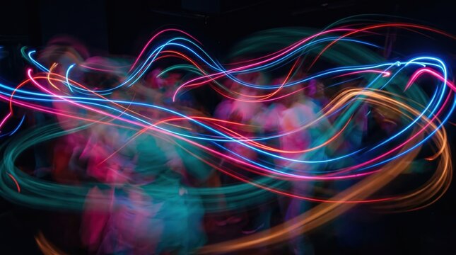 People dancing in dark nightclub with colorful light trail