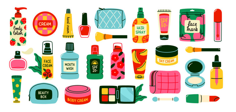 Beauty products set. Stickers with bottles, tubes and jars of decorative and care cosmetics for hair and skin. Cleansing and moisturizing. Flat vector illustration isolated on background