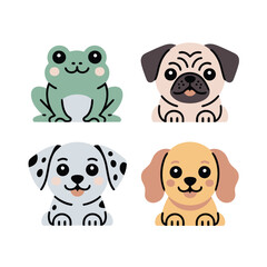 Obraz premium Adorable Pet Faces, Frog, Pug, Dalmatian, Puppy, Cute Animal Portraits, Kids Design, Trendy Kawaii Style, Sticker Pack, Flat Vector Icons