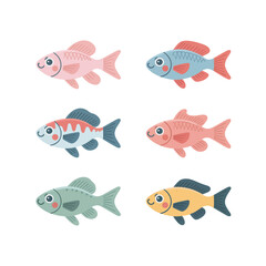 Fototapeta premium School Of Colorful Fish Icons, Swimming Red Blue Teal Fishes With Faces, Flat Vector Icons, Ocean Sticker Pack Clipart Collection