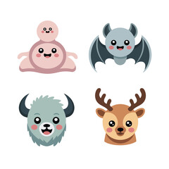 Fototapeta premium Spooky Night Characters, Cute Ghosts And Flying Bats, Pastel Kawaii Style, Sticker Pack Icon Set, Flat Vector Icons, Clipart Collection