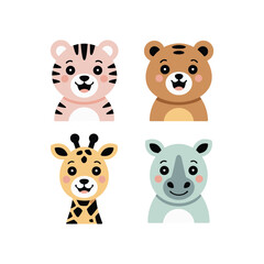 Fototapeta premium Wild Safari Faces, Tiger Cub Bear Giraffe Rhino Characters, Cute Colorful Style, Flat Vector Icons, Portrait Clipart Collection Decorative Elements