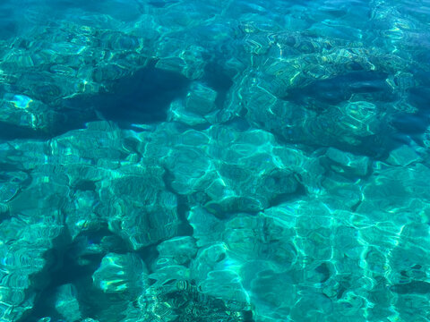 Beautiful rocky seabed is visible through the breathtakingly clear blue sea water.