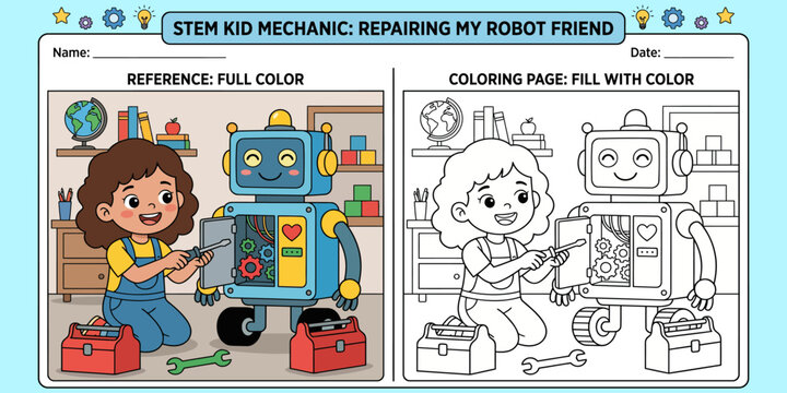 Stem kid mechanic coloring page repairing robot friend educational activity