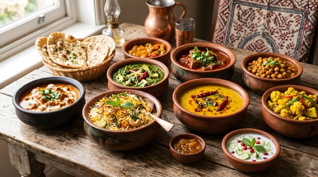 Variety of Indian curries and side dishes on a rustic table with naan bread