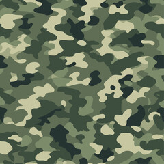 Fototapeta premium Seamless green woodland camouflage pattern with dark olive and sage colors. Military tactical texture for army clothing, survival gear, and modern fashion prints. Vector background.