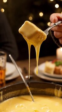 Macro Shot Of Bread Cube Being Dipped Into Bubbling Melted Cheese Fondue With Stretching Cheese Strings In Cozy Winter Lighting Communal Dining Food Commercial