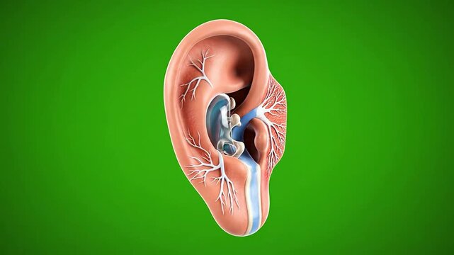 Detailed 3D CGI Human Ear Anatomy Illustration Demonstrating Internal Structures in Medical Animation with Vibrant Green Background