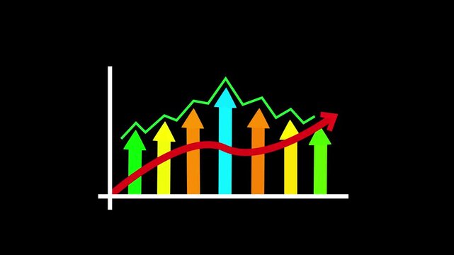 Growth chart with rising arrows and a curved line showing progress success and business increase animation
