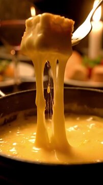 Premium Shot Of Bread Cube Being Dipped Into Bubbling Melted Cheese Fondue With Stretching Cheese Strings In Cozy Winter Lighting Communal Dining Food Commercial