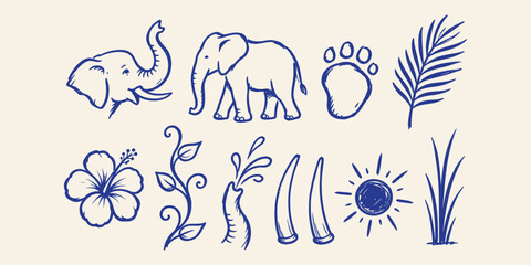 Fototapeta premium elephant elements and safari wildlife doodle icon set with elephant head walking elephant paw print palm leaf hibiscus flower vine trunk spraying water tusk sun and grass vector illustration