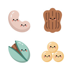 Obraz premium Nut Icons Kawaii, Cashew Pecan Pistachio And Macadamia With Peanuts, Cute Flat Style, Icon Set, Flat Vector Icons, Clipart Collection