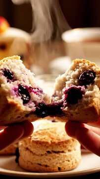 Detailed Close Up Of Breaking Open A Blueberry Scone With Steam Escaping Clotted Cream And Jam On Side