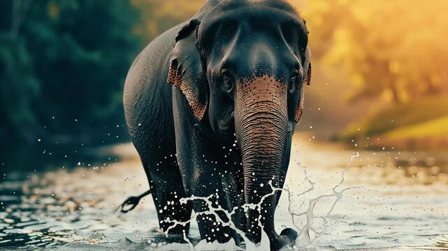 A majestic Asian elephant walks through shallow river water in a tropical forest at sunset creating splashes as it moves through the natural habitat
