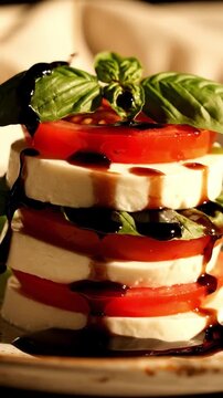 Cinematic View Of Caprese Salad With Sliced Mozzarella And Tomato Fresh Basil Leaf And Balsamic Glaze Drizzle In Mediterranean Lighting Vibrant Fresh Food Commercial
