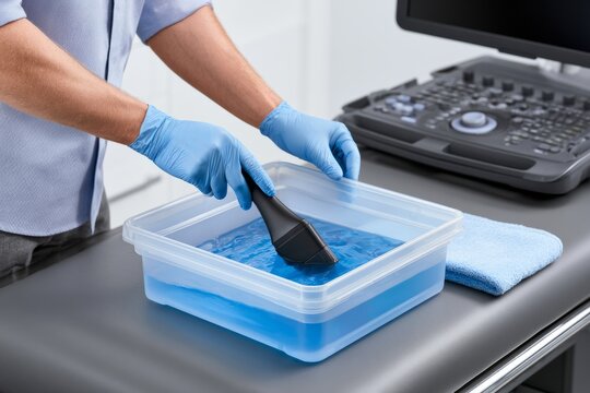 Sonographer disinfecting ultrasound probe in clinic container