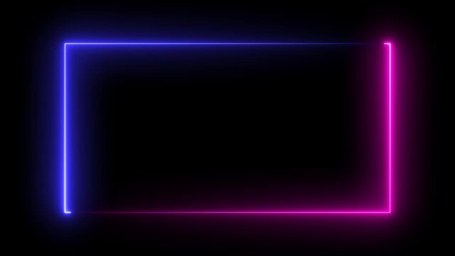 Square rectangle picture frame with two tone neon color motion graphic on isolated black background, ordar frame display box round shape retro screen photo frame, rectangle icon animation. 4k videos 