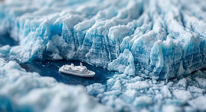 Miniature cruise ship sailing through massive icebergs in arctic sea.