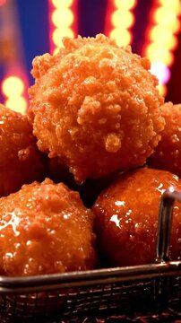 Premium Shot Of Cola Batter Balls Frying With Syrup Infused Dough Puffing And Turning Golden Brown