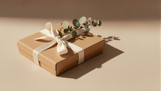 Brown gift box decorated with ribbon and eucalyptus branch. Elegant parcel for celebration. E-commerce shopping concept for holiday gift delivery and premium product packaging.