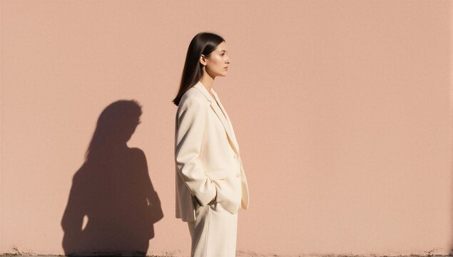 Young woman in stylish white suit standing against pink wall. Elegant businesswoman posing with shadow on textured background. Modern fashion portrait for commercial e-commerce campaign.