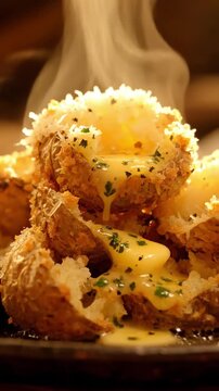 Detailed Close Up Of Crispy Smashed Potatoes With Glistening Garlic Herb Butter Parmesan Crust And Steam Rising In Rustic Golden Lighting Texture Rich Side Dish Commercial