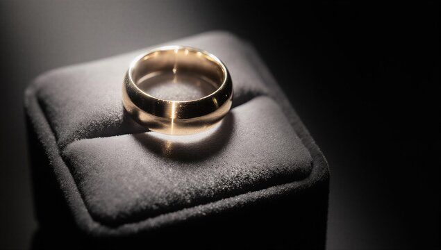 Gold wedding ring inside dark velvet jewelry box. Classic luxury band for marriage ceremony. E-commerce concept for online jewelry store, engagement proposal and bridal gift accessory.