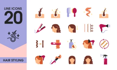 Hair styling icon set. Colorful symbols with comb, hair dryer, hair follicles, shampoo and curling iron. Design elements for app. Flat vector illustration collection isolated on background © 100% HAND-CRAFTED