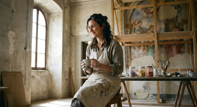 Restauradora de arte sonriente en su taller hist&oacute;rico, sosteniendo una taza durante un descanso de su trabajo de restauraci&oacute;n
