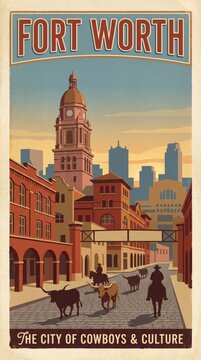 Retro poster Fort Worth, Texas, historic sandstone courthouse clock tower, longhorn cattle drive, cobblestone stockyards street, downtown glass skyline, golden sky. Cowboys, culture western heritage 