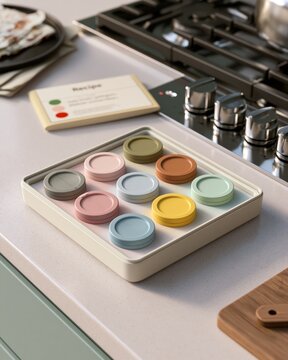 Stove knob reminder covers on kitchen counter with recipe card face down