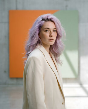 Retrato elegante de una mujer joven con cabello de color lavanda y chaqueta de traje beige en un espacio de dise&ntilde;o moderno