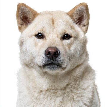 korean jindo puppy front facing portrait, foxlike korean jindo dog looking at camera, centered jindo puppy with gentle expression