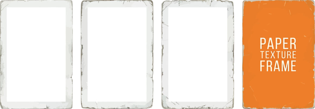 Set of four vintage paper texture frames with distressed edges and scratches, isolated on white background